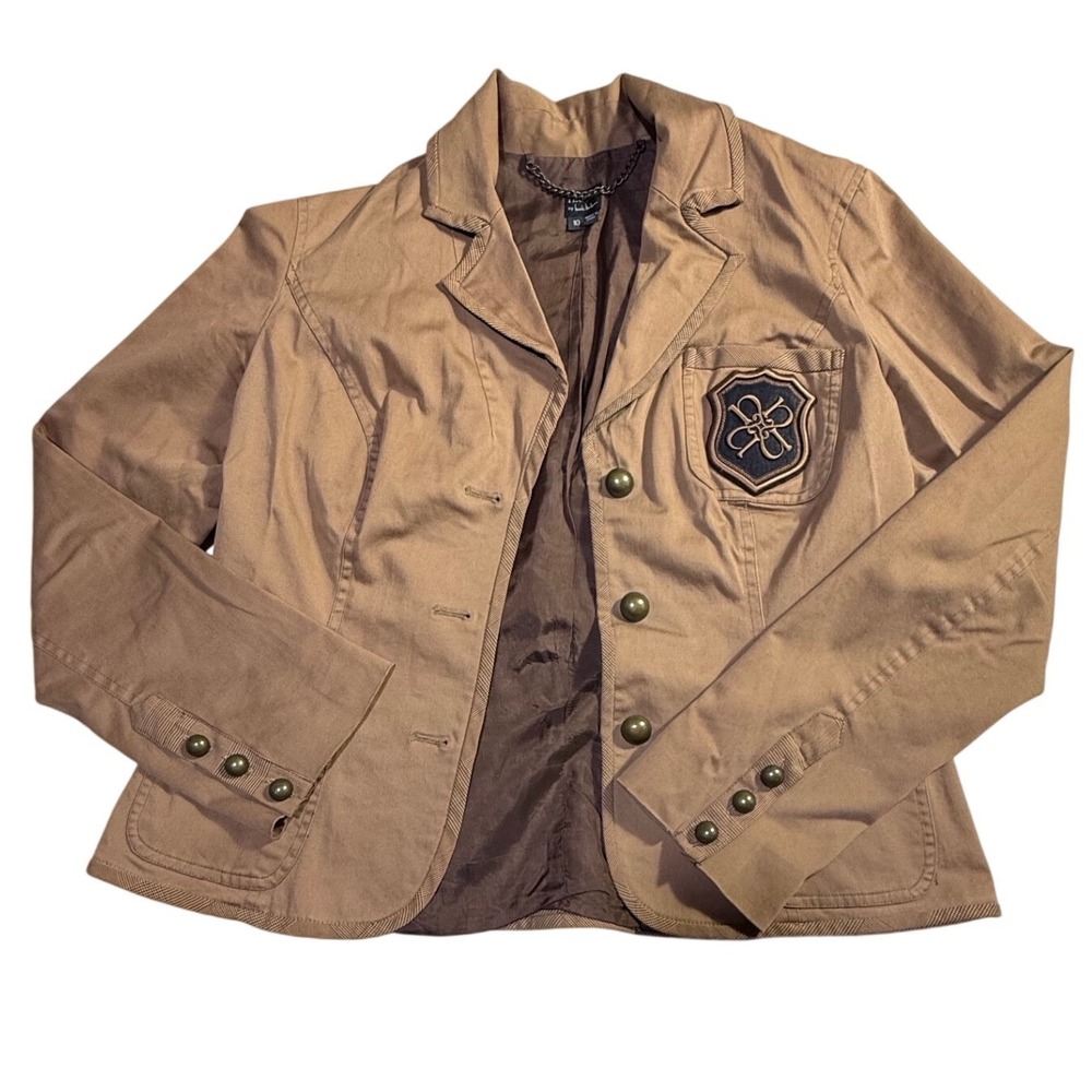 Nicole by Nicole Miller‎ HTF Tan Crest Patch Blazer Jacket Peplum Hem Sz 10-1085